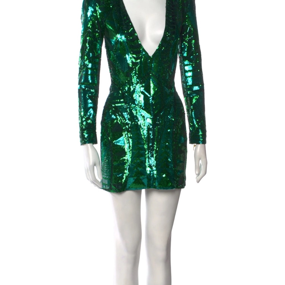 Balmain H&M Shimmering Green Sequin Long Sleeve Dress